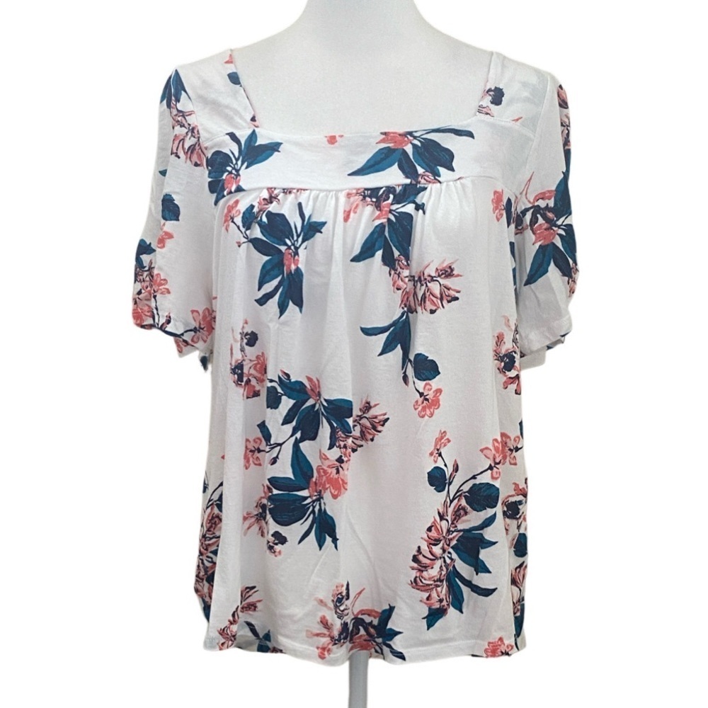 Lucky Brand Floral Print Peasant Square Neck Blouse - White, blue & Pink. Sz L.